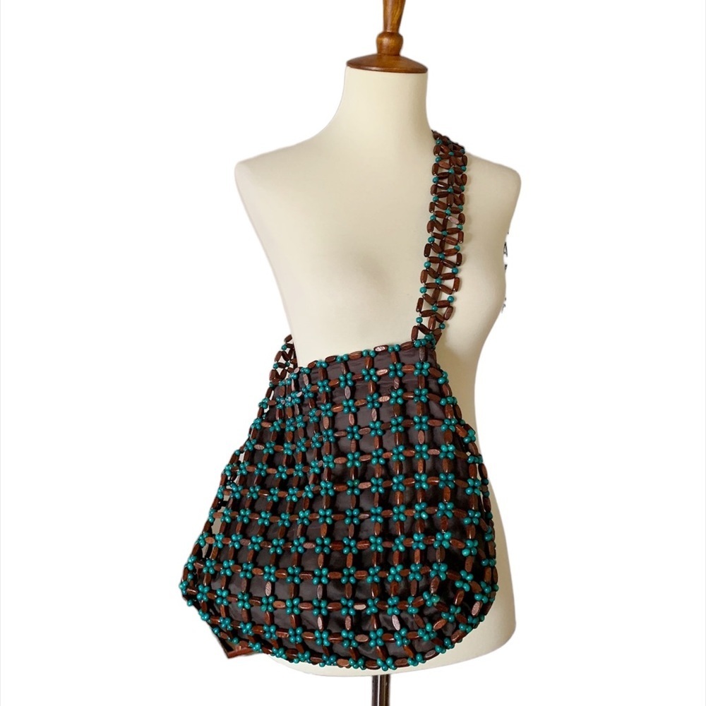 Wood‎ Beaded Boho Bag Purse Brown Teal New